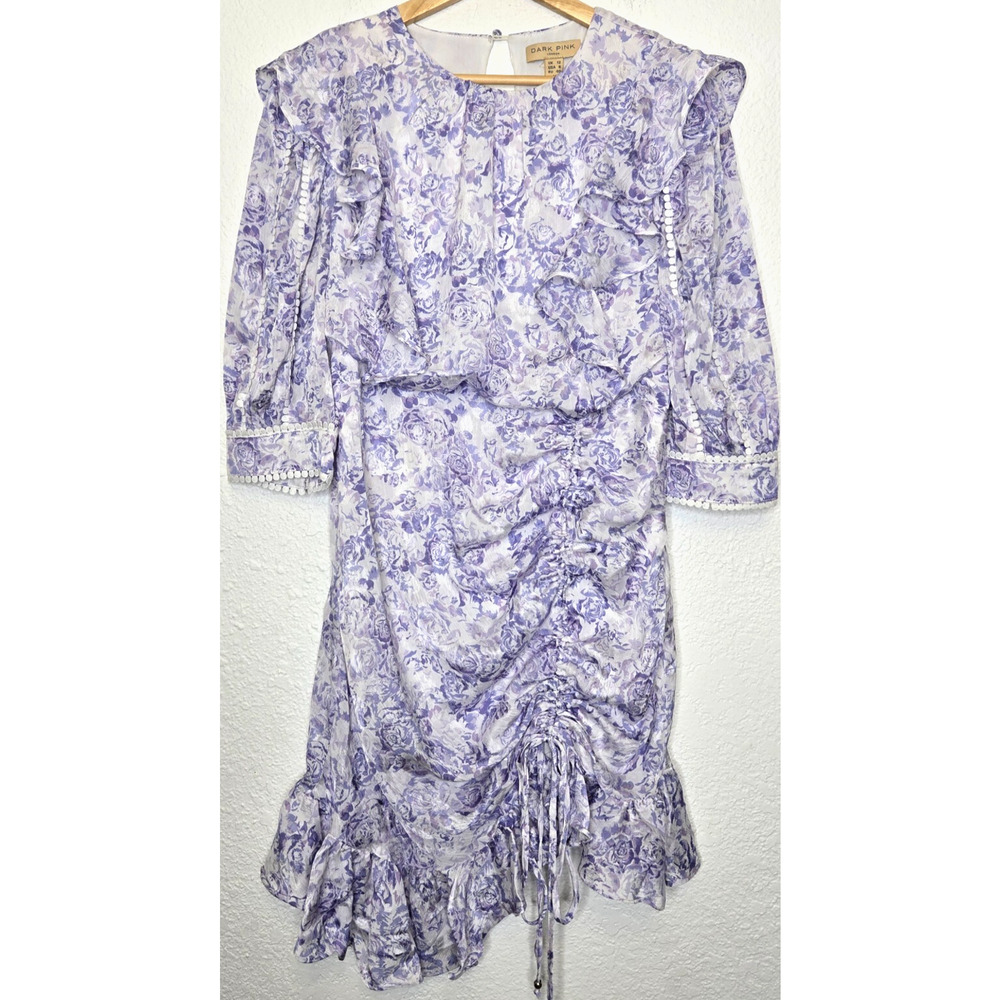 Dark Pink Dress Womens 8 Purple Floral Ruffle Boho Puff Sleeve Ruched Mini Femme